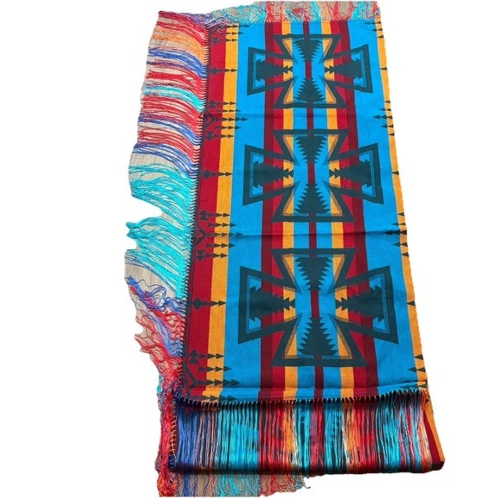 Southwestern Wool Geometric Fringed Shawl Robe Multicolor 28x78 Blue - Picture 2 of 13
